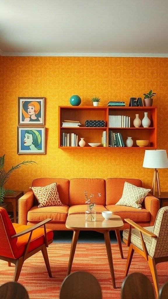 A cozy living room with tangerine wallpaper, teak furniture, and retro artwork.