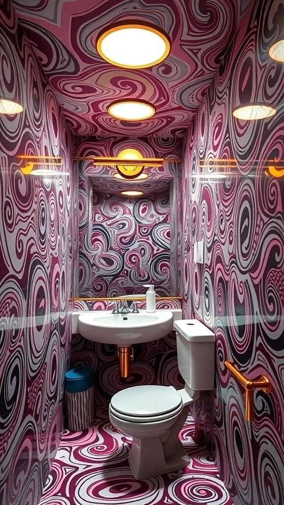 A vibrant powder room with psychedelic 1960s wallpaper featuring swirling pink and purple patterns.