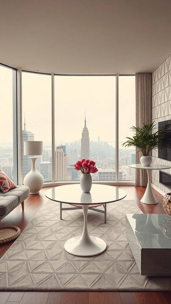 A modern living room with a view of the city skyline, featuring minimalistic furniture and a round coffee table with flowers.
