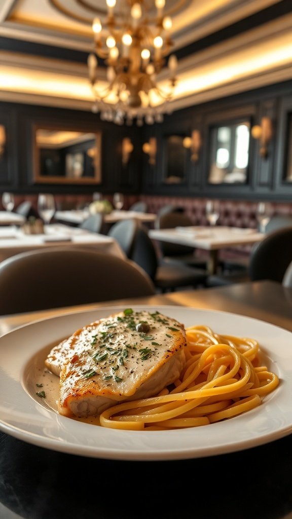 A plate of chicken piccata served with pasta in a stylish restaurant setting.