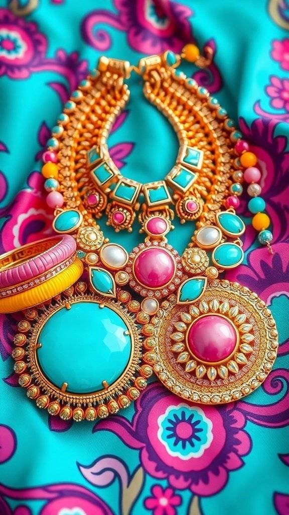Colorful 1960s jewelry including necklaces and bangles on a floral background.