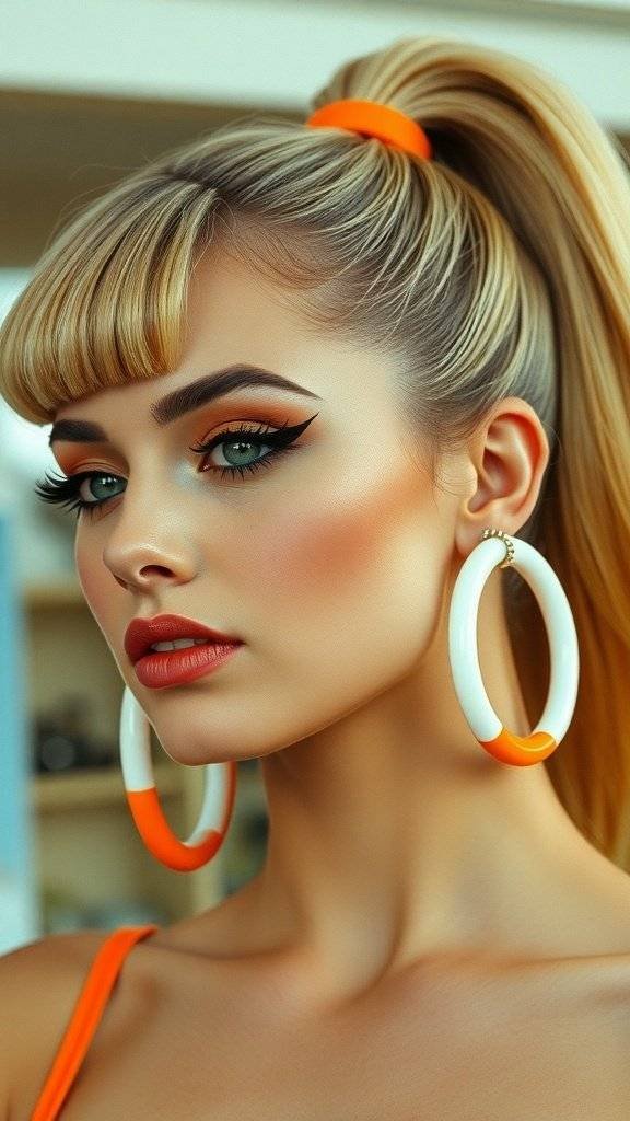 A model wearing large white and orange Go-Go earrings, showcasing a stylish 1960s-inspired look.
