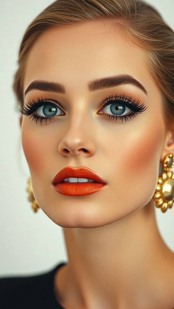 Close-up of a model with large gold hoop earrings and soft makeup