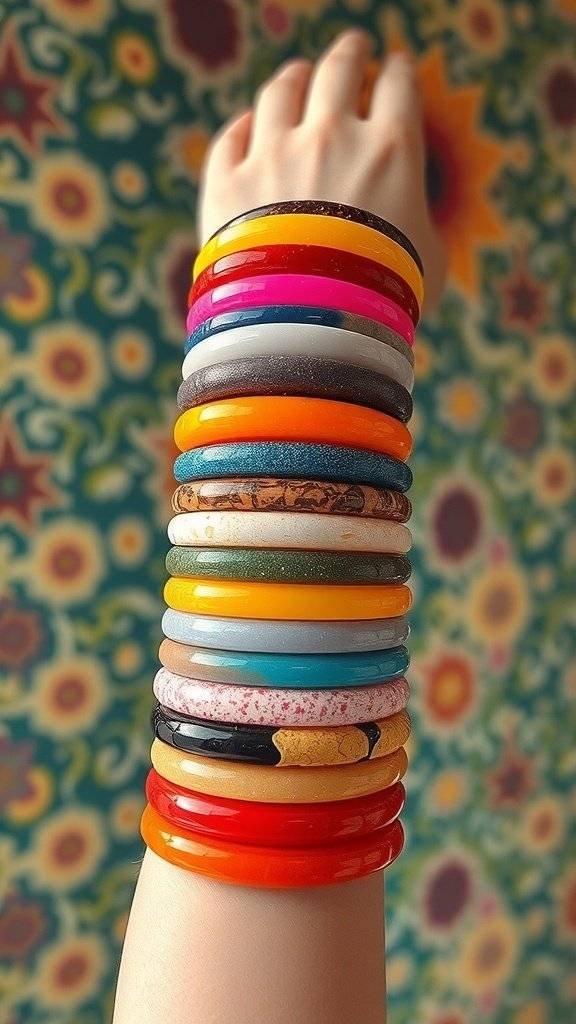 A colorful stack of 1960s-style bangles on a hand, showcasing vibrant colors and patterns.