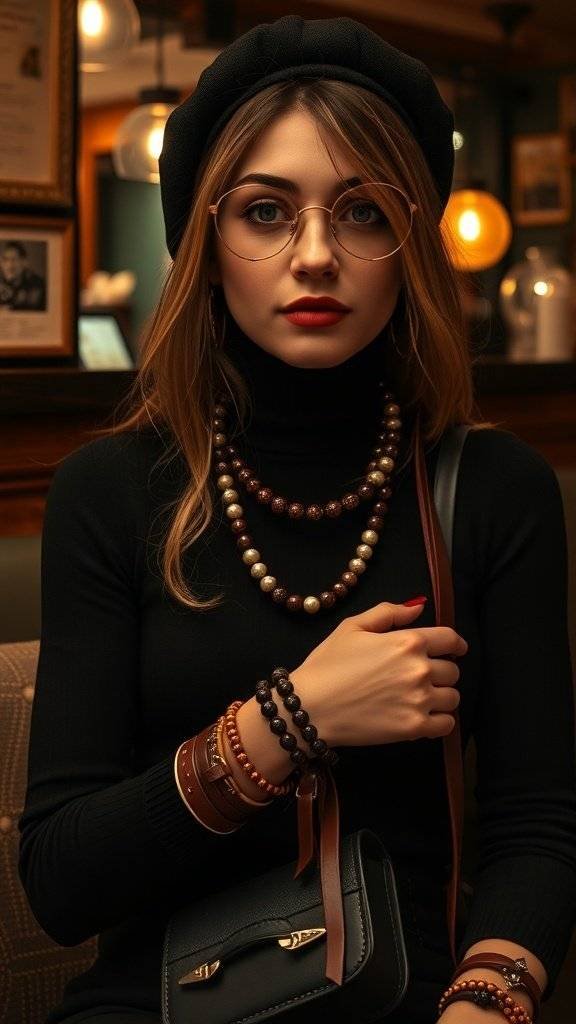 A stylish individual wearing layered bracelets, showcasing the Beatnik Bracelet trend from the 1960s.