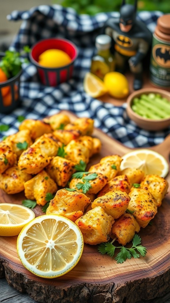 Delicious lemon chicken skewers with fresh herbs and lemon slices, inspired by Batgirl.