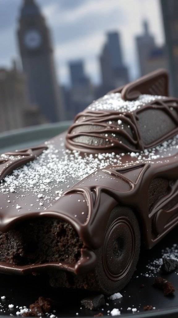 Dark chocolate brownies shaped like a Batmobile, dusted with powdered sugar, set against a Gotham City backdrop.