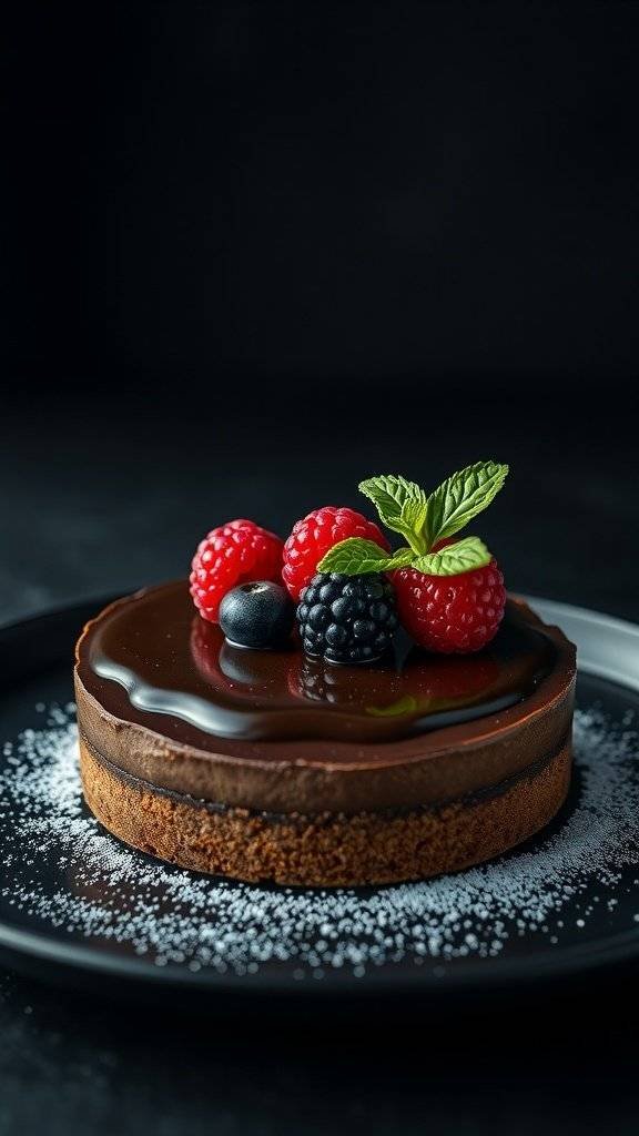 A seductive chocolate tart topped with fresh berries and mint leaves on a black plate.