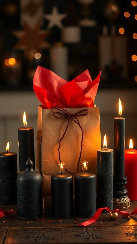 A candlelit scene featuring a gift bag, candles, and decorative elements, creating a romantic atmosphere.
