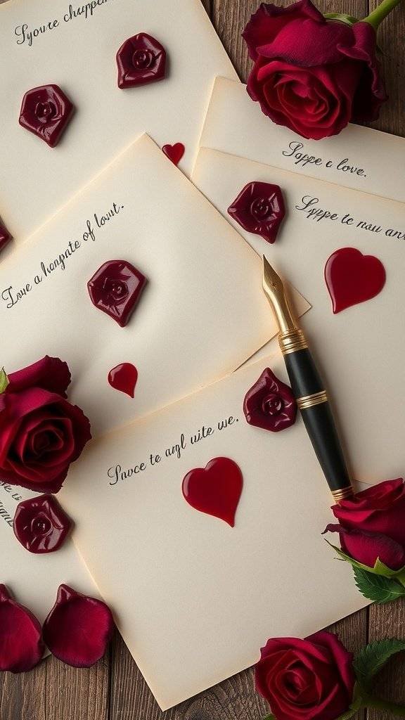 A collection of love letters with red roses and wax seals, symbolizing romance and personalization for Valentine's Day.