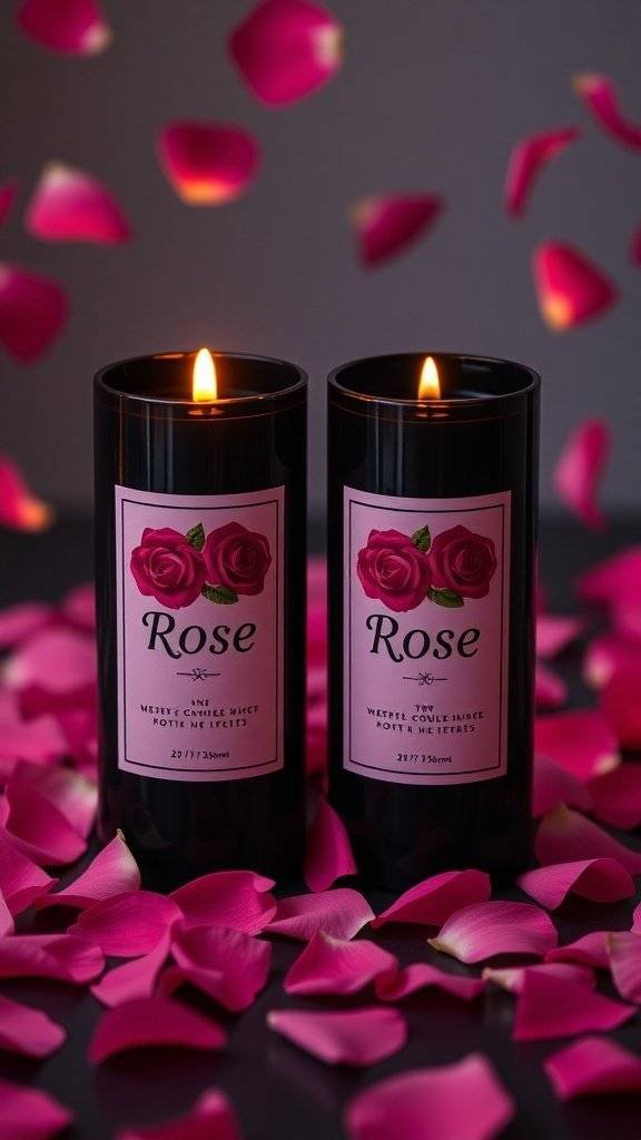 Two rose-scented candles with flames, surrounded by rose petals.