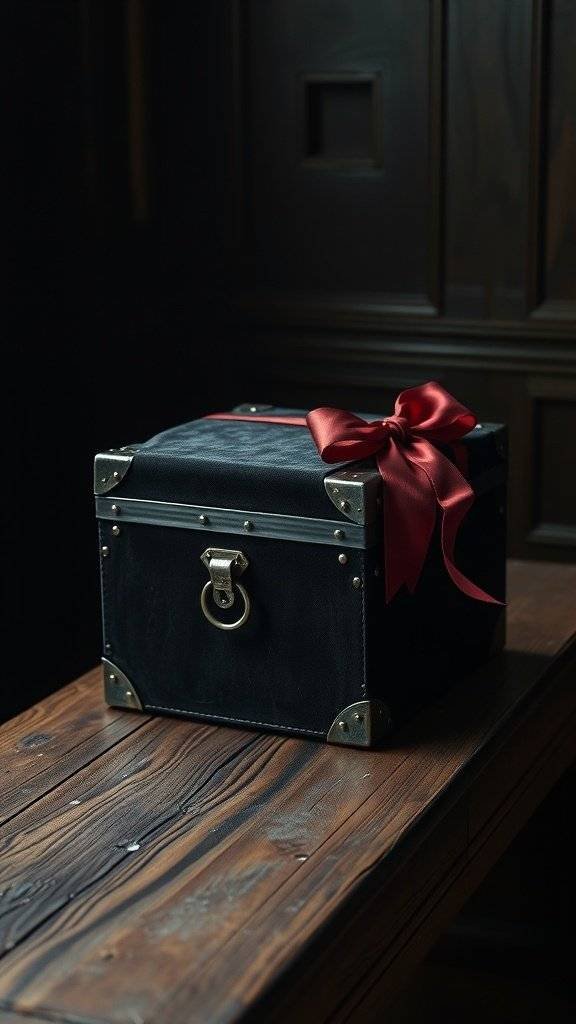 A black velvet-covered gift trunk with a red ribbon on a wooden table.