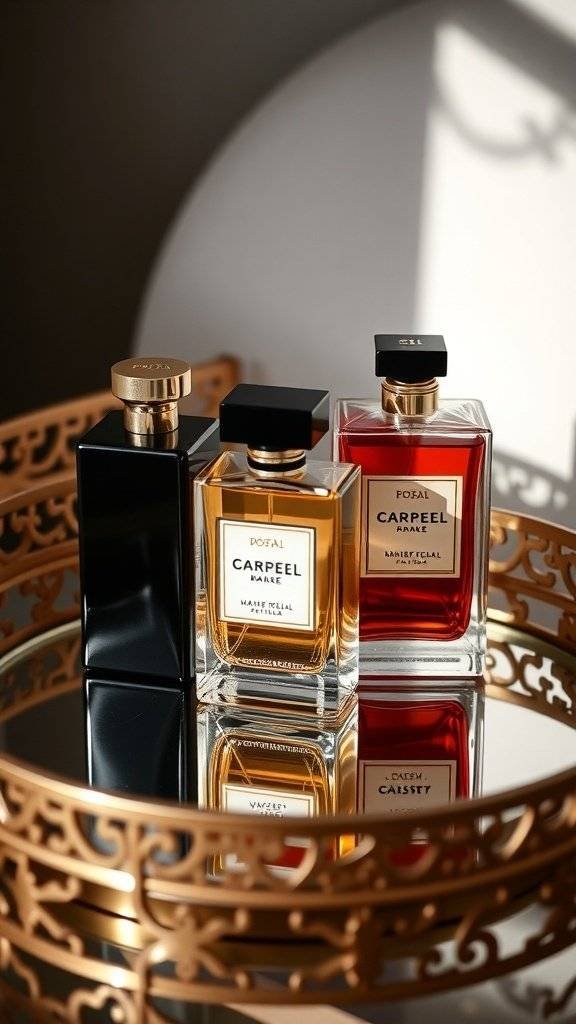 Three elegant perfume bottles on a decorative tray, showcasing a black, golden, and red bottle.