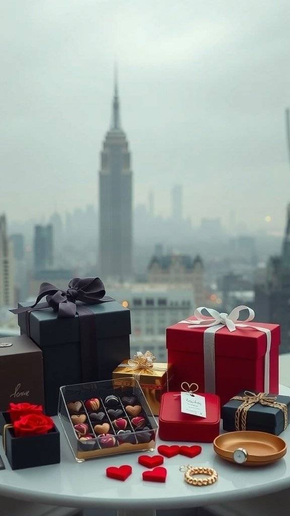 A romantic gift spread with a view of the Gotham skyline, featuring wrapped gifts, red roses, and jewelry.