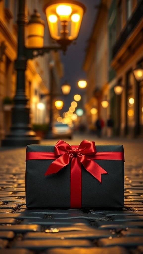 A beautifully wrapped gift with a red ribbon on a cobblestone street under glowing streetlamps.