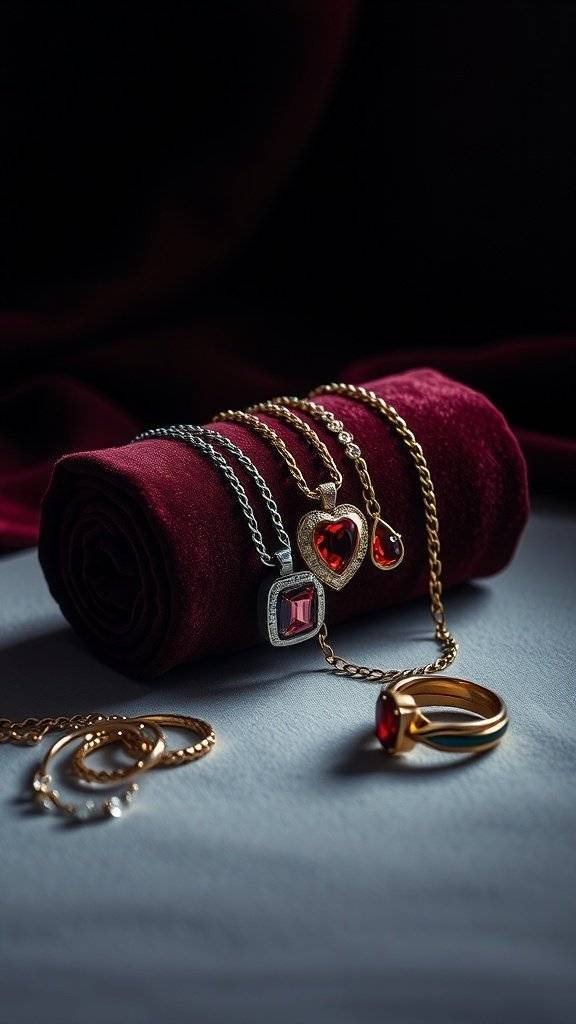 A dark velvet jewelry roll with various pieces of jewelry displayed on top.