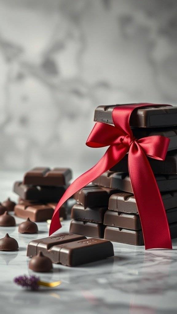 A stack of dark chocolate bars tied with a red satin ribbon, surrounded by chocolate drops on a marble surface.