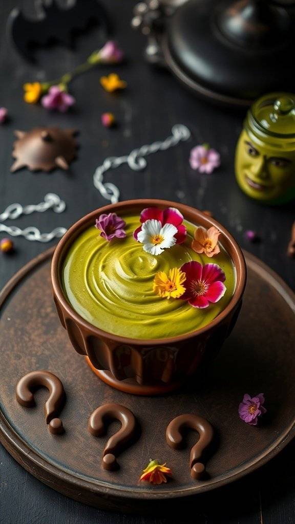 A bowl of matcha green tea pudding topped with edible flowers and chocolate question marks, inspired by the Riddler.