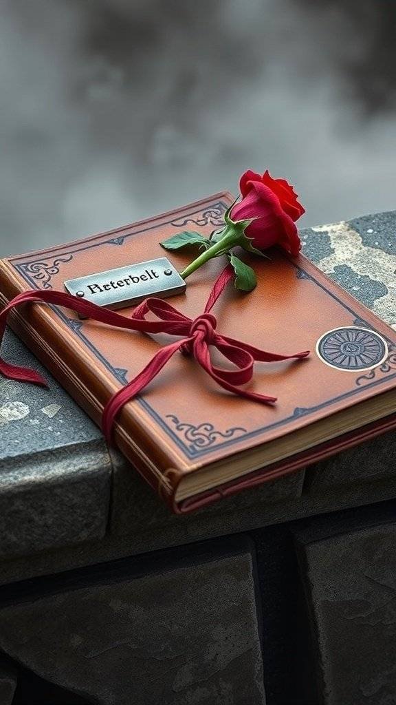 A gothic book with a rose arrangement on a stone surface.