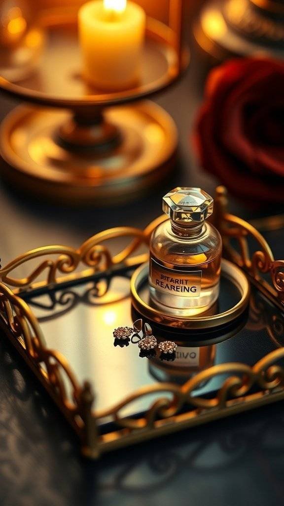 An elegant Art Deco trinket tray with a perfume bottle and earrings, surrounded by a candle and a rose.