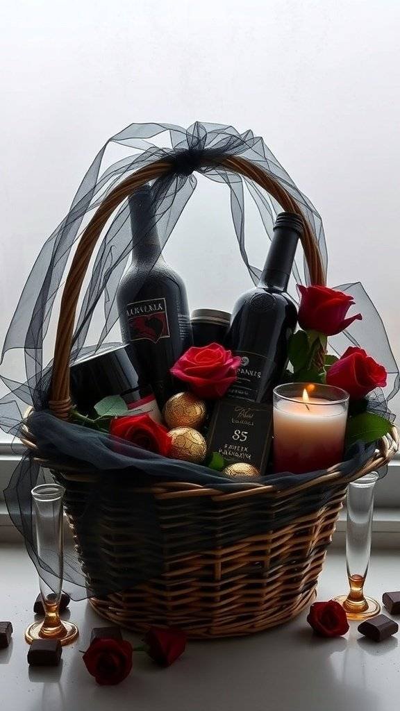 A noir-themed gift basket featuring wine bottles, red roses, chocolates, and a candle, all elegantly arranged with a black ribbon.