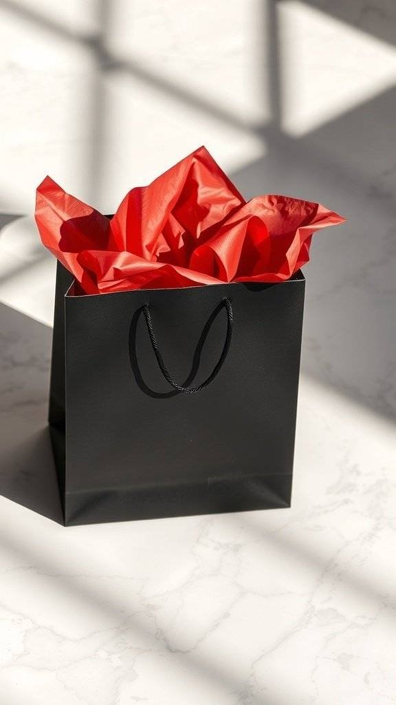 A black gift bag with red tissue paper inside, set on a marble surface.