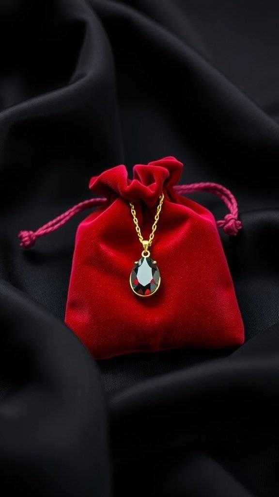 A red velvet jewelry pouch with a gold necklace inside, placed on a black fabric background.