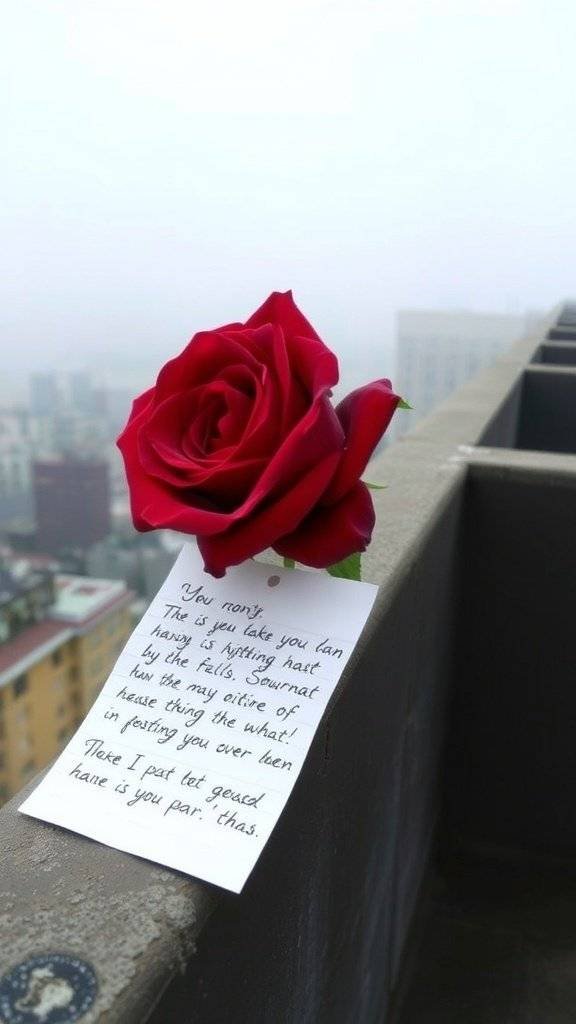 A red rose and a handwritten love letter on a rooftop with a misty city backdrop.