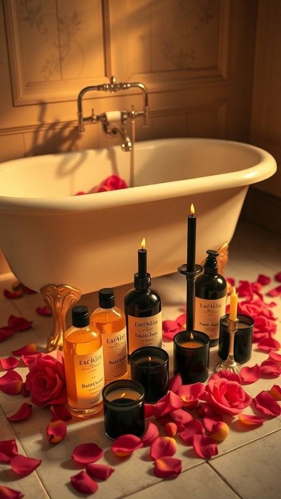 A cozy bathroom with a white bathtub, rose petals, candles, and bath products.