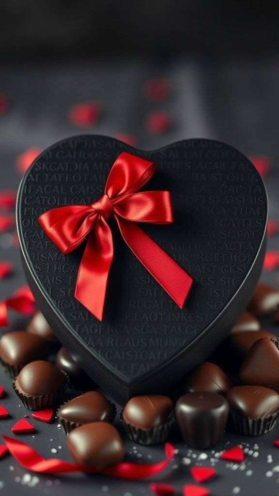 A heart-shaped black chocolate box with a red ribbon, surrounded by dark chocolates and red heart-shaped decorations.