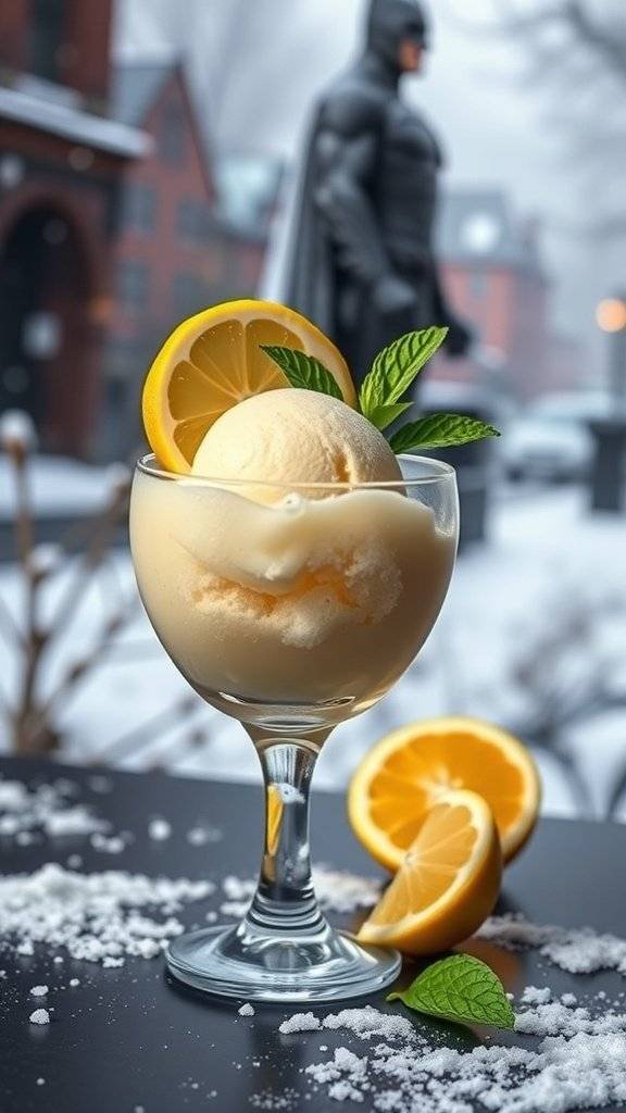 A glass of lemon sorbet garnished with mint leaves and lemon slices, with a figure of Batman in the background.