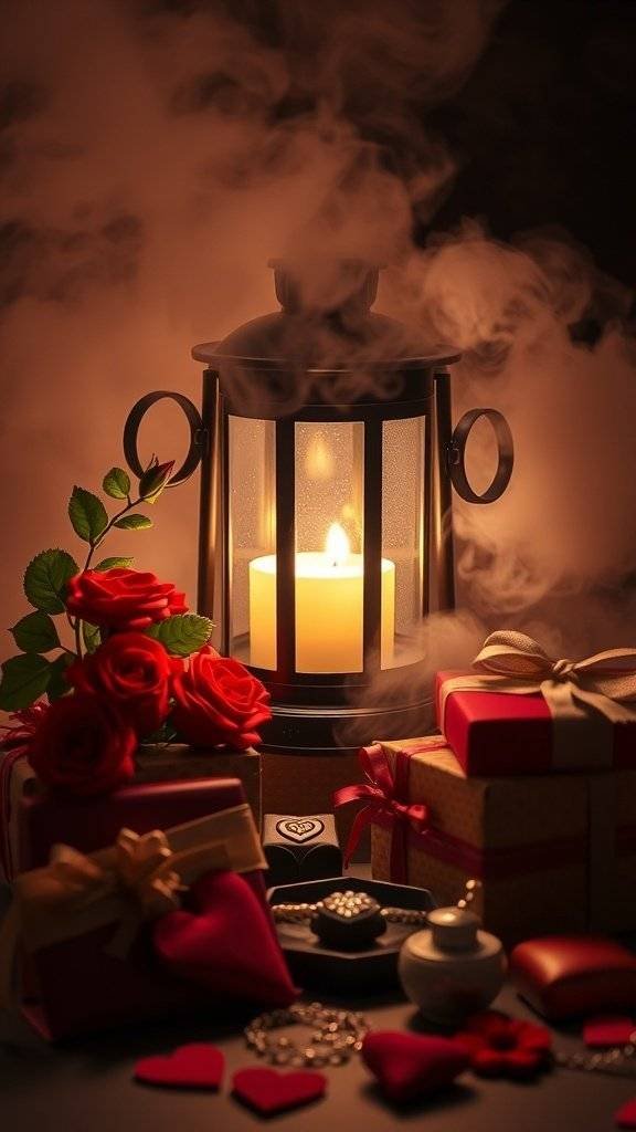 A gothic lantern surrounded by roses, gifts, and heart decorations, creating a romantic display.