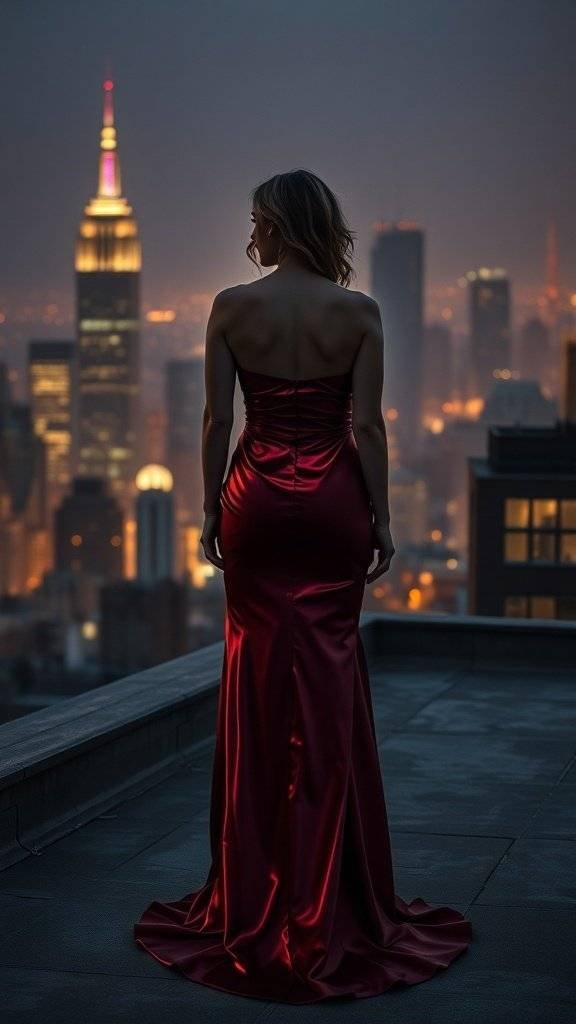 A woman in a crimson evening dress standing on a rooftop with a city skyline in the background