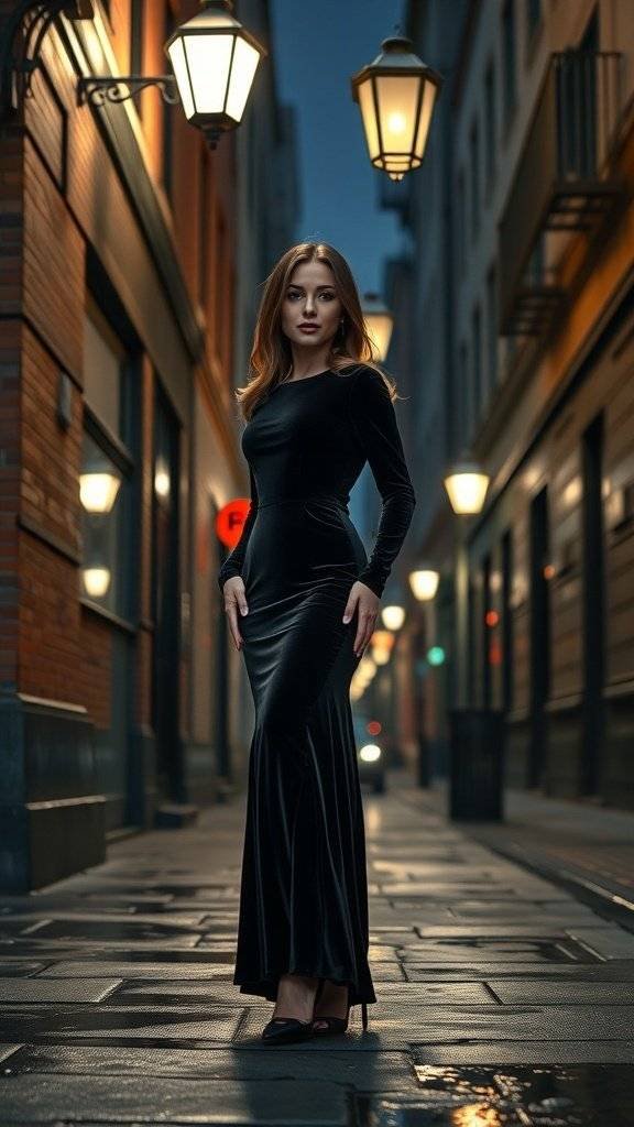 A woman in a black velvet gown standing in a dimly lit street, showcasing a stylish and elegant look.