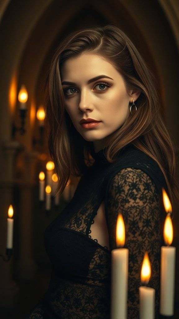 A woman wearing a lace dress, standing in a candlelit setting, exuding elegance and mystery.