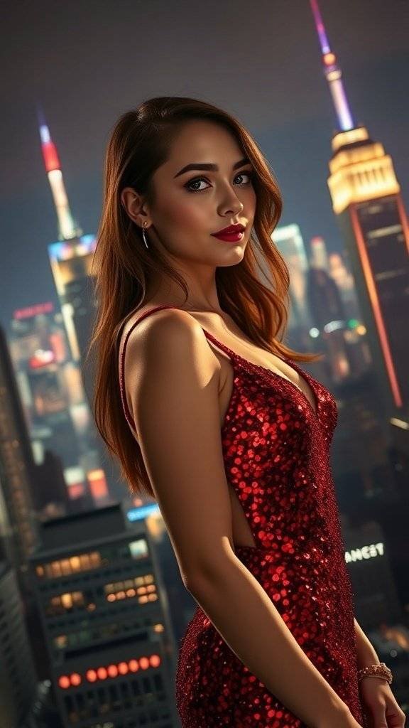 A ruby sequin dress displayed against a Gotham city skyline at night.