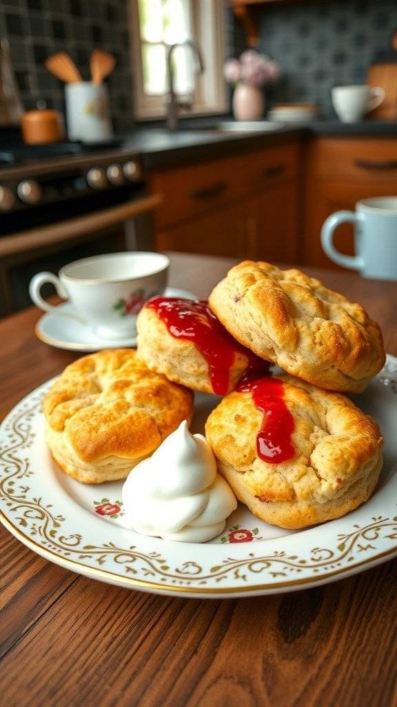 A plate of freshly baked English scones with jam and whipped cream, set in a cozy kitchen.