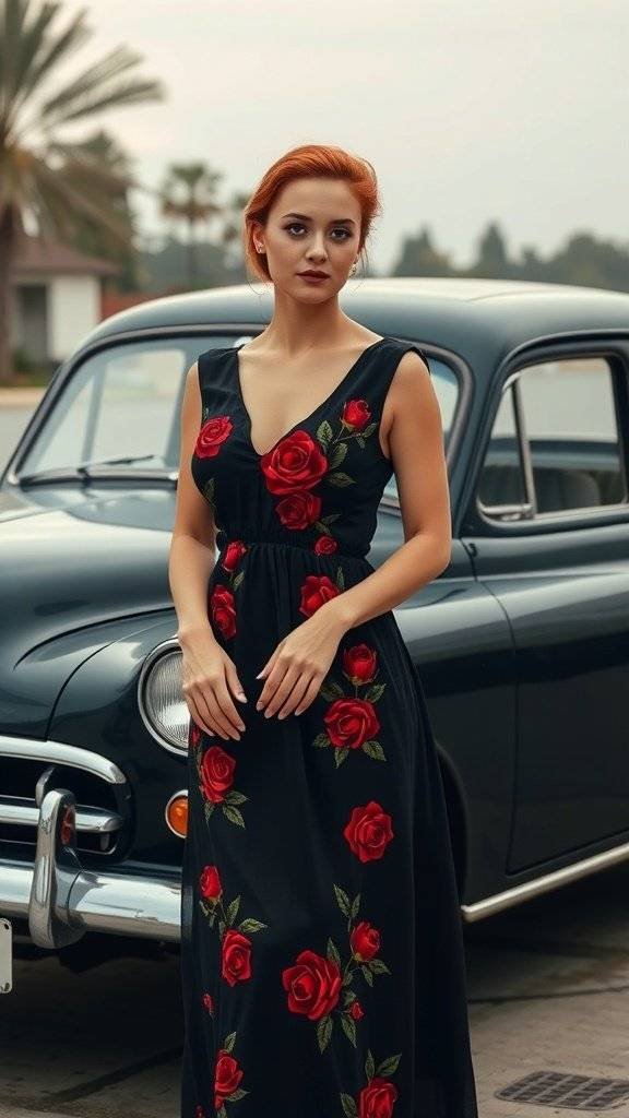 A woman wearing a rose-embroidered black dress stands in front of a vintage car.