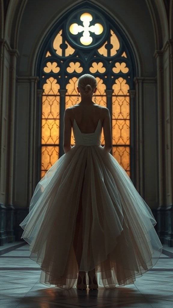 A woman in a flowing tulle dress stands in front of a gothic window, showcasing an elegant silhouette.