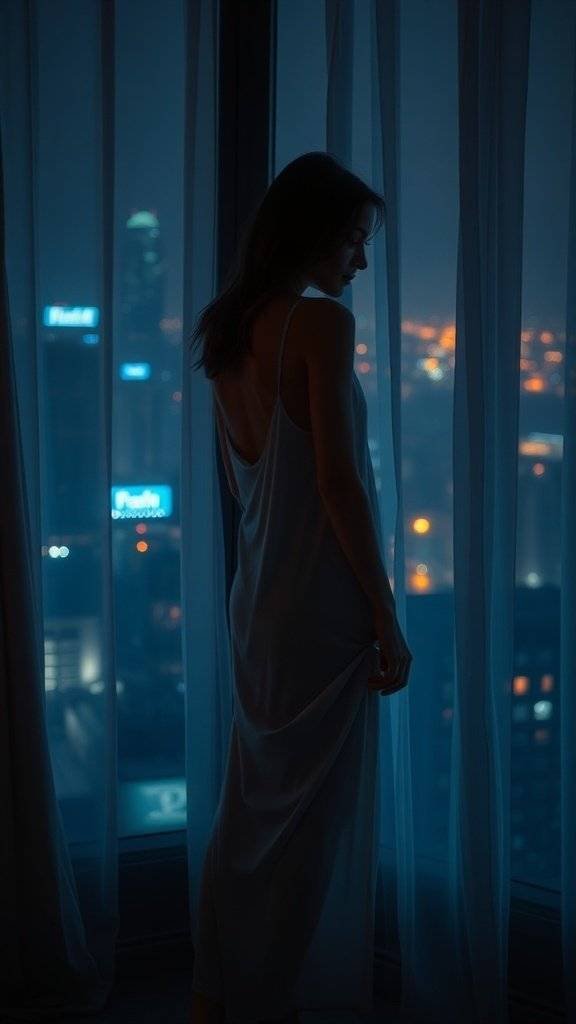 Scarlet silk slip dress hanging by a window with city lights in the background