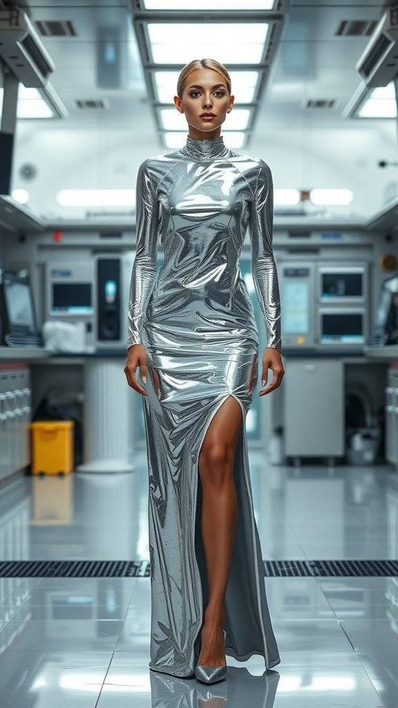A sleek ashen silver metallic dress displayed in a modern Gotham-themed setting.