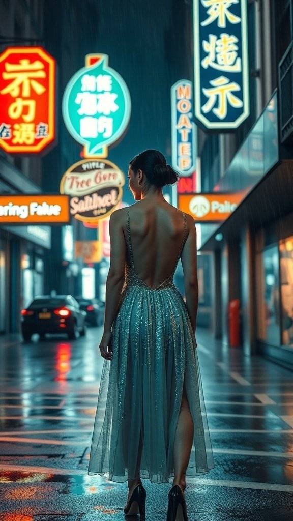 A woman wearing a backless black opal cocktail dress, standing in a neon-lit street.