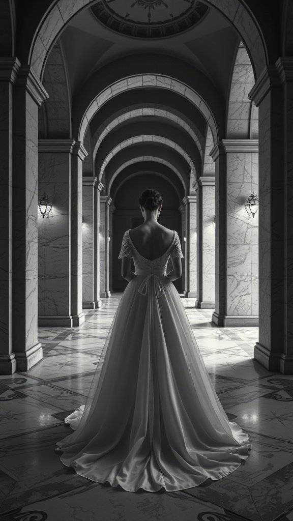 A woman in a noir elegance off-shoulder dress standing in a grand hallway with marble floors and arches.