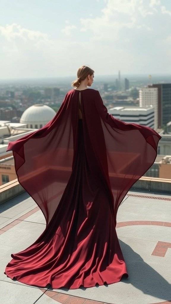 A woman wearing a dramatic cape-back dress, standing with her back to the camera, overlooking a city skyline.