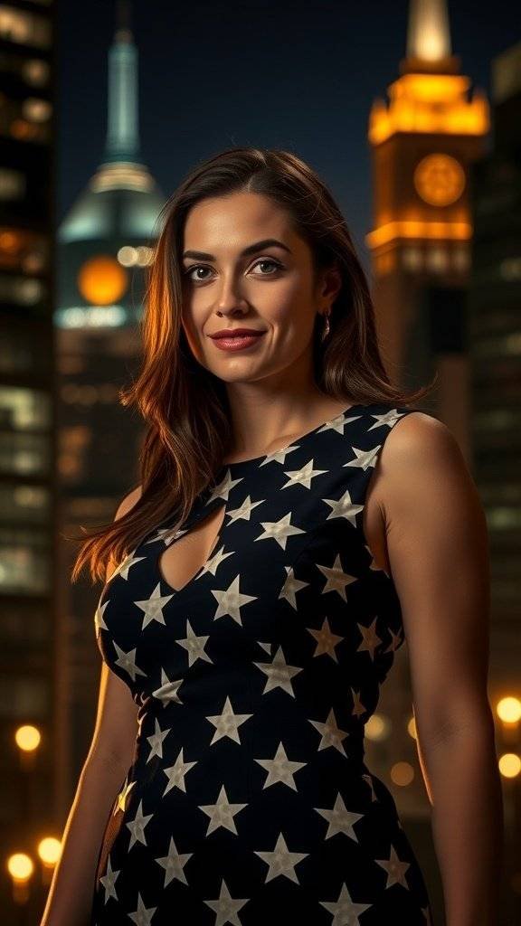 A midnight blue dress with glowing starburst patterns, displayed in an urban setting at night.