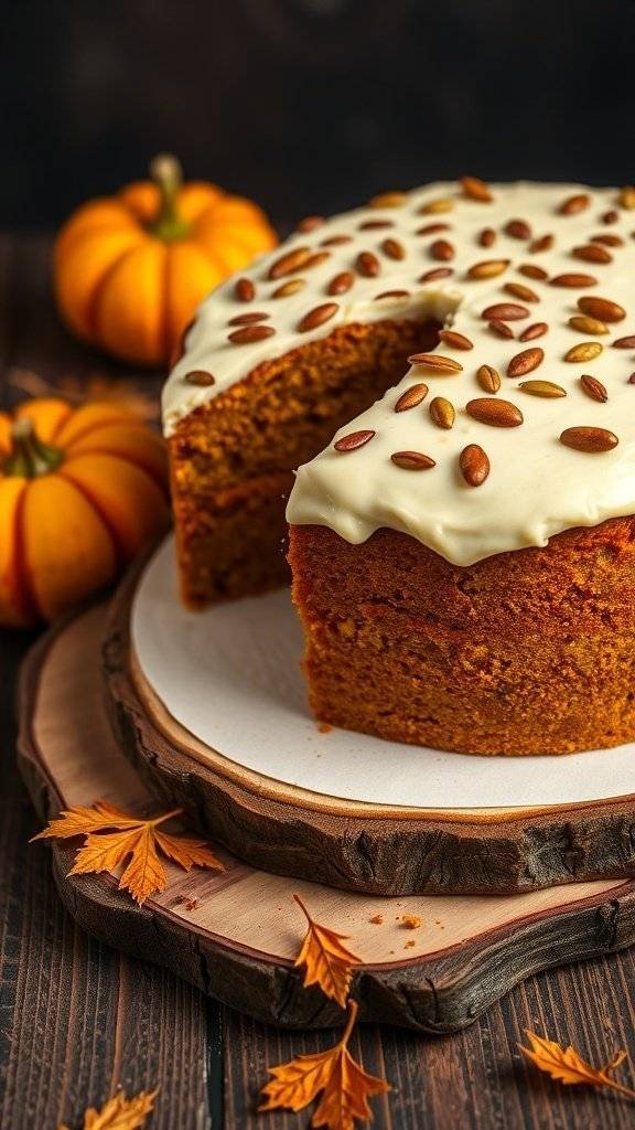 A spiced pumpkin cake with cream cheese frosting and pumpkin seeds, surrounded by small pumpkins and autumn leaves.