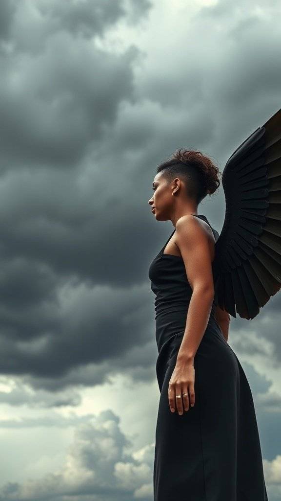 A woman wearing a winged shoulder statement dress, standing against a dramatic cloudy backdrop.