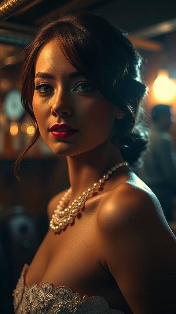 A stylish black dress adorned with pearls, set against a dimly lit bar atmosphere.