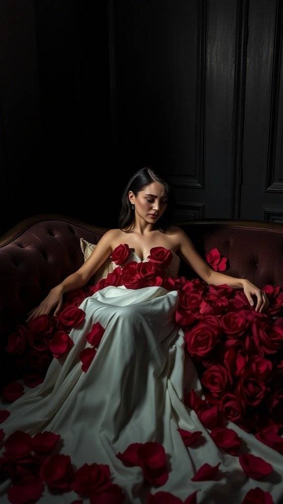 A model in a dark romantic dress with roses, lounging on a red couch in soft lighting.