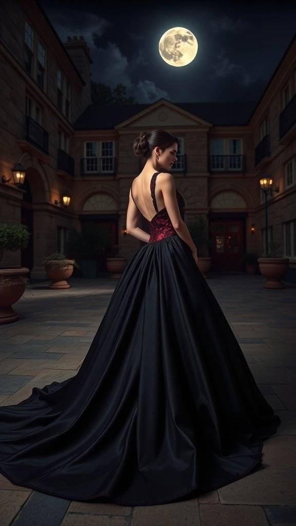 A woman in a Gothic ballgown with black and red colors standing in a castle courtyard under a full moon.